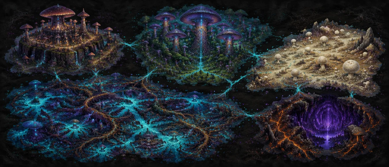 Peta lukis Mycelmoor: benteng jamur di kiri atas, hutan insang di tengah, dataran puffball di kanan, lautan akar di kiri bawah, dan gua ungu Underheart di kanan bawah